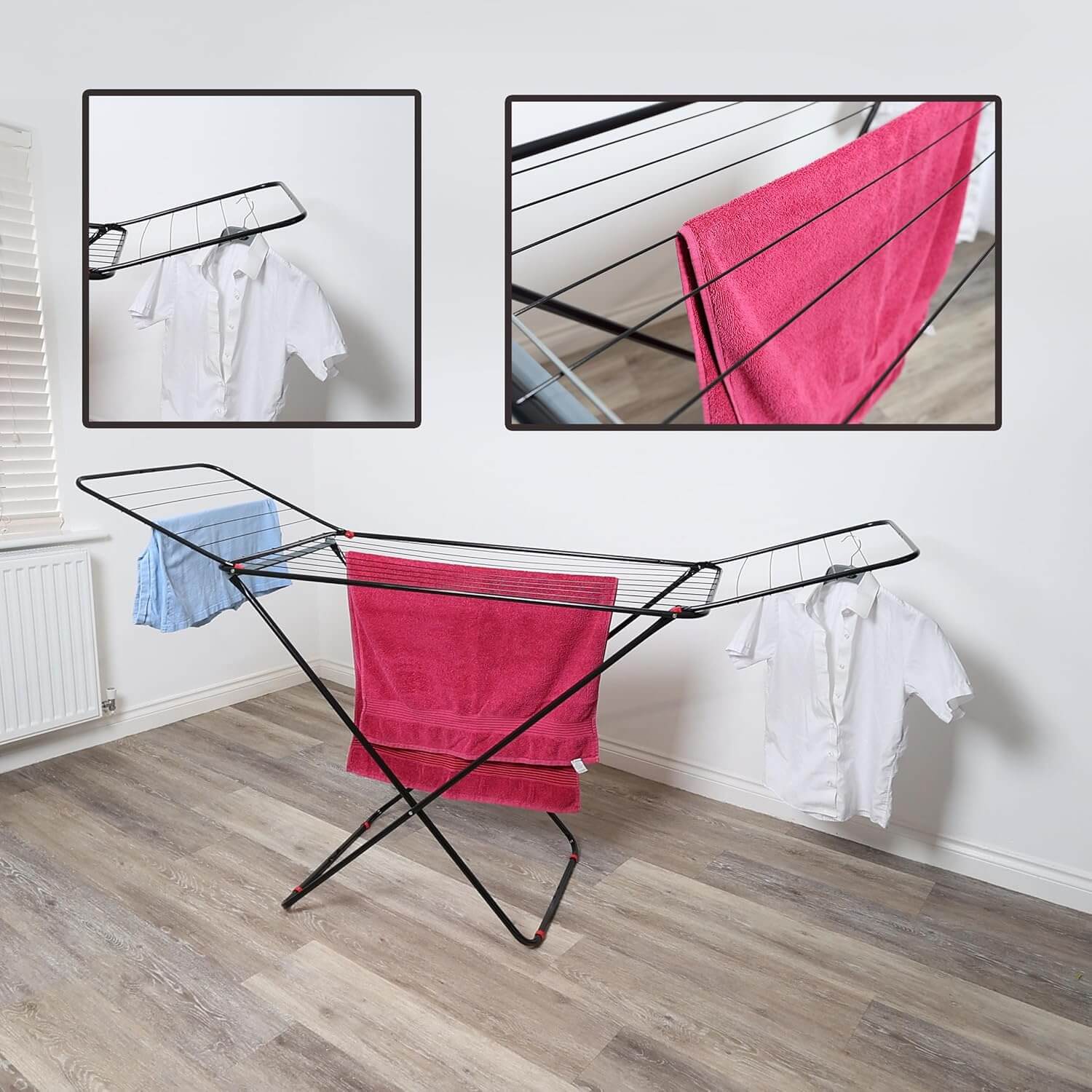 Close-up of drying rack clips and towel bar for easy laundry hanging