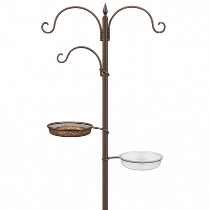 Close-up of brown powder-coated bird feeder pole showing mesh seed tray and water dish