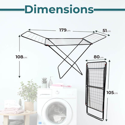 Dimensions of the clothes drying rack with folded and extended measurements