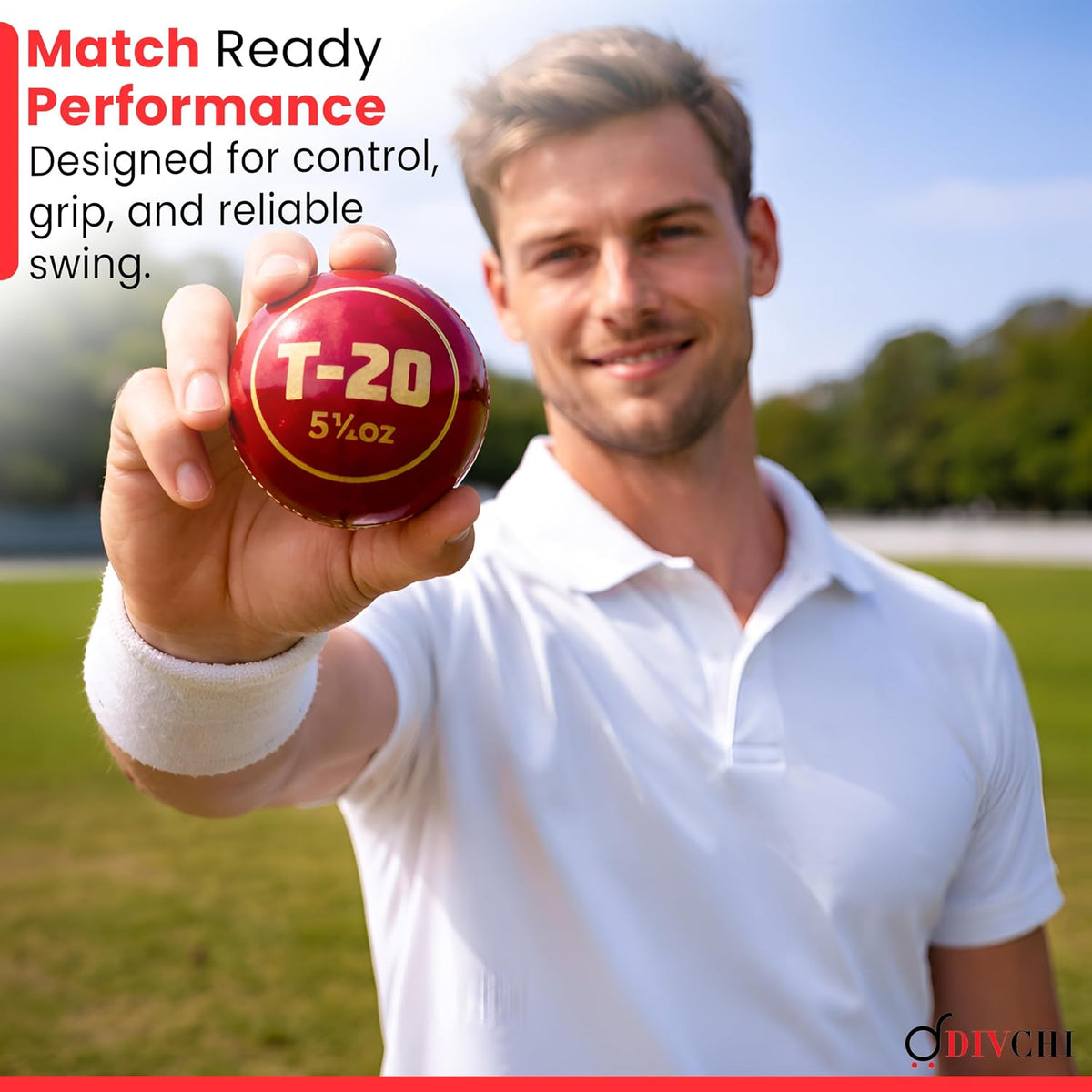 Cricketer holding a DIVCHI red leather cricket ball