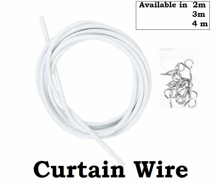 2M/3M/4M CURTAIN WIRE CORD CABLE WHITE WINDOW WITH HOOKS AND EYES