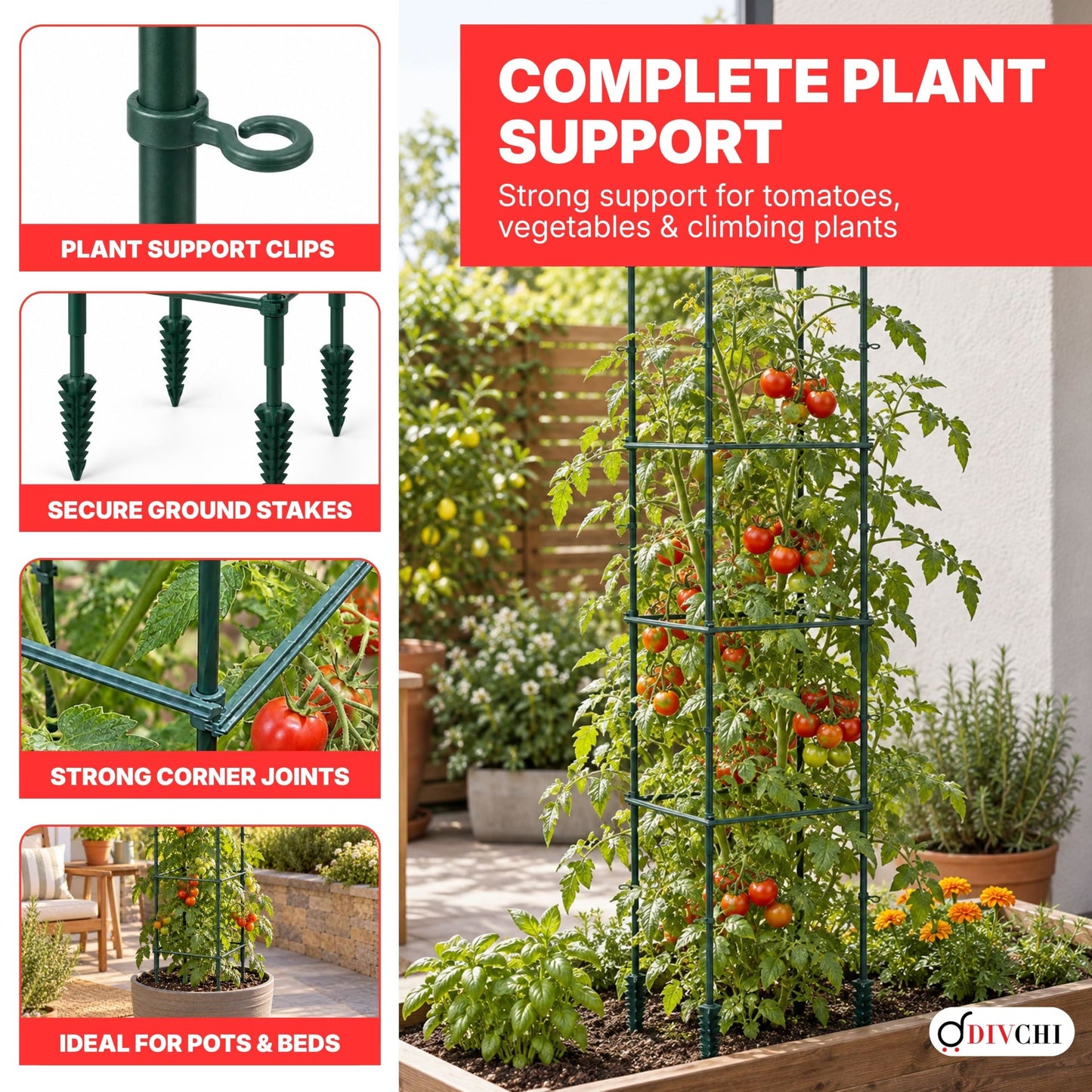 DIVCHI Tomato Plant Support Cage, Square Garden Trellis with Plants Support Clips & Stakes for Vertical Climbing Plants, Vegetables, Fruits, Flowers & Vines