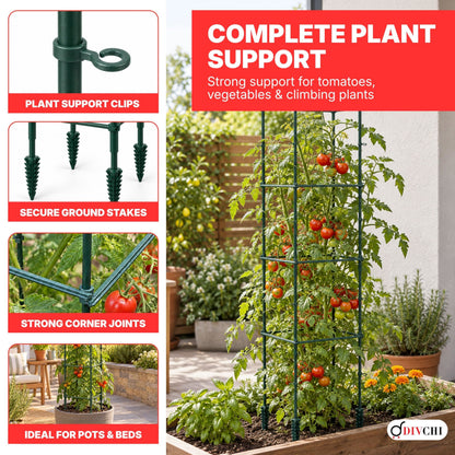 DIVCHI Tomato Plant Support Cage, Square Garden Trellis with Plants Support Clips & Stakes for Vertical Climbing Plants, Vegetables, Fruits, Flowers & Vines