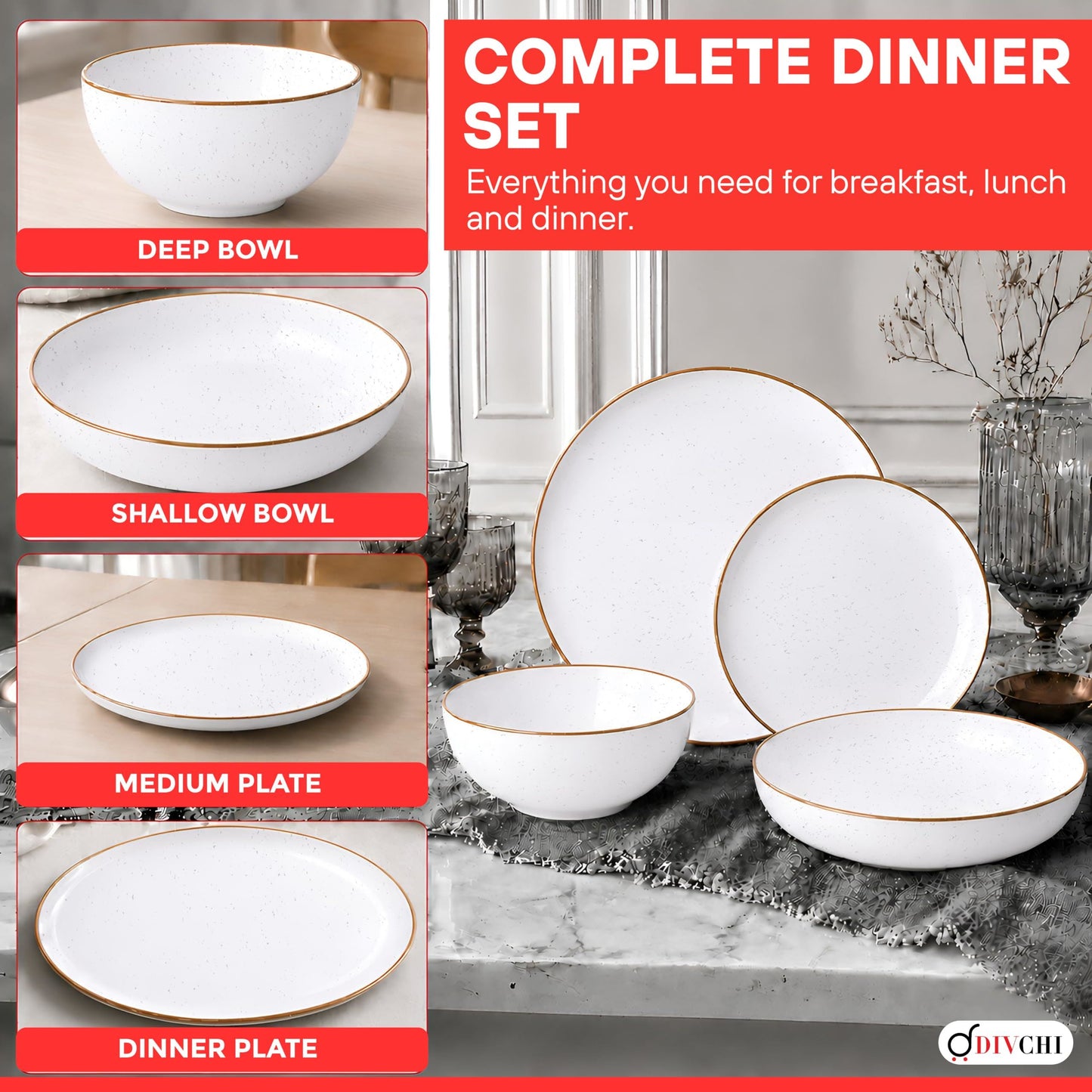 DIVCHI 16-Piece Dinner Set for 4 Ceramic Dinnerware Set