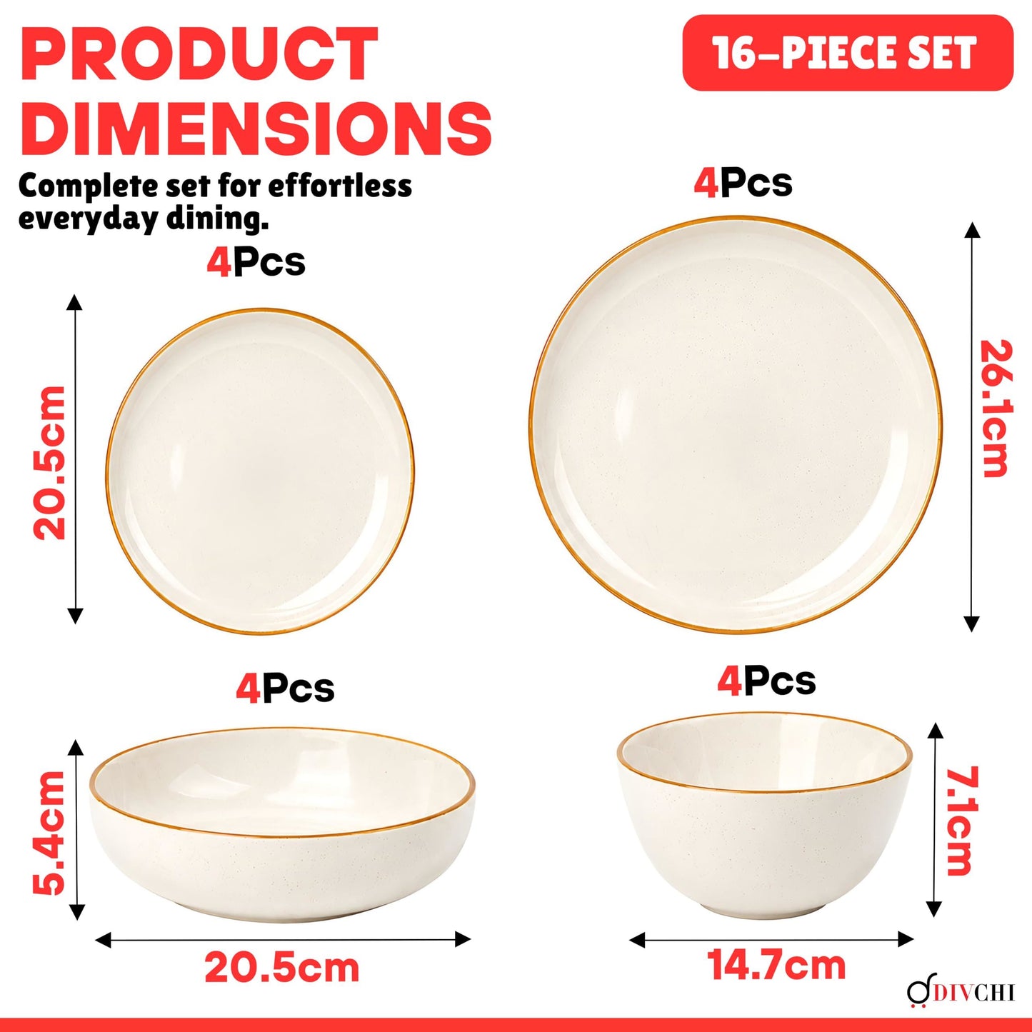 DIVCHI 16-Piece Dinner Set for 4 Ceramic Dinnerware Set
