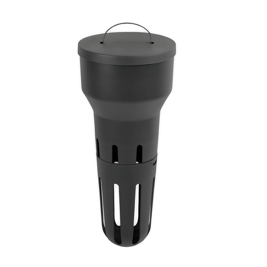 Black cylindrical container with a lid on a white background