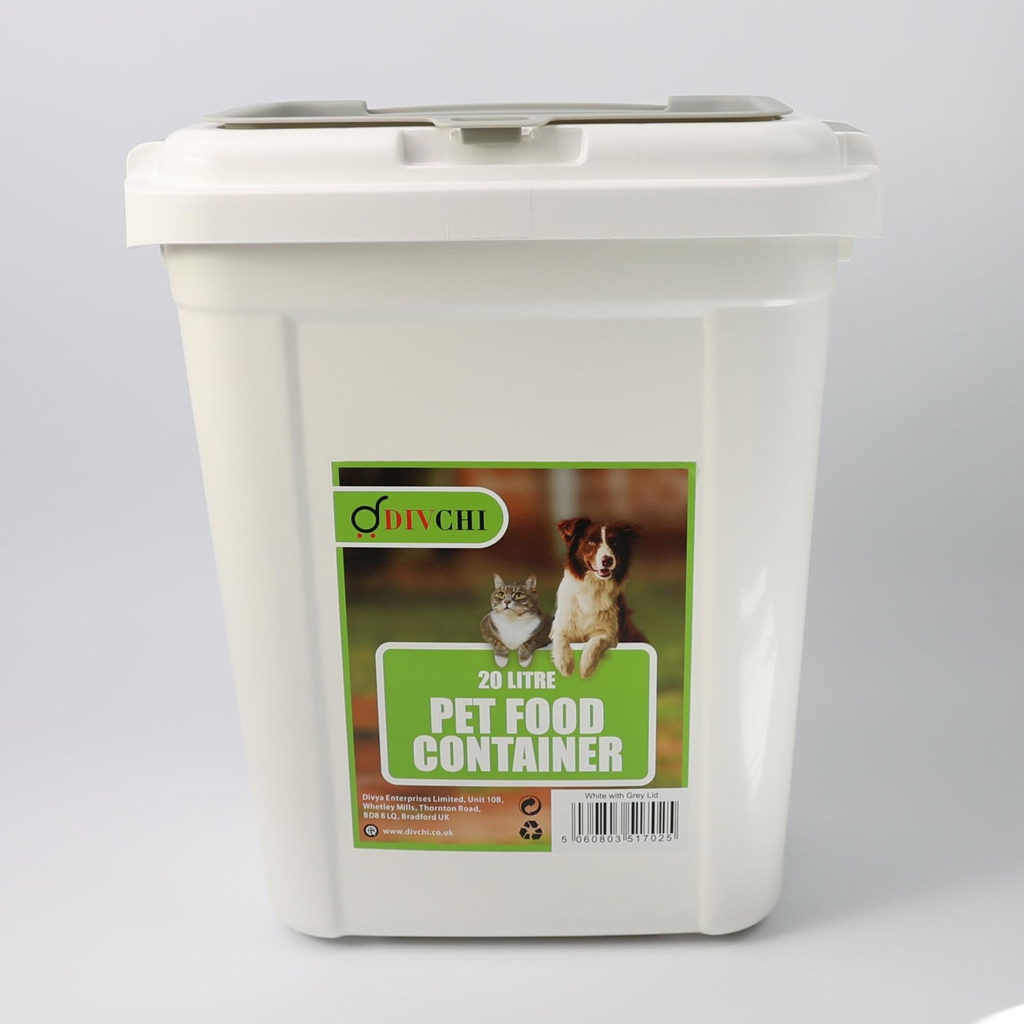 DIVCHI 20L white airtight pet food container with grey lid – perfect for small pet households and dry food storage.