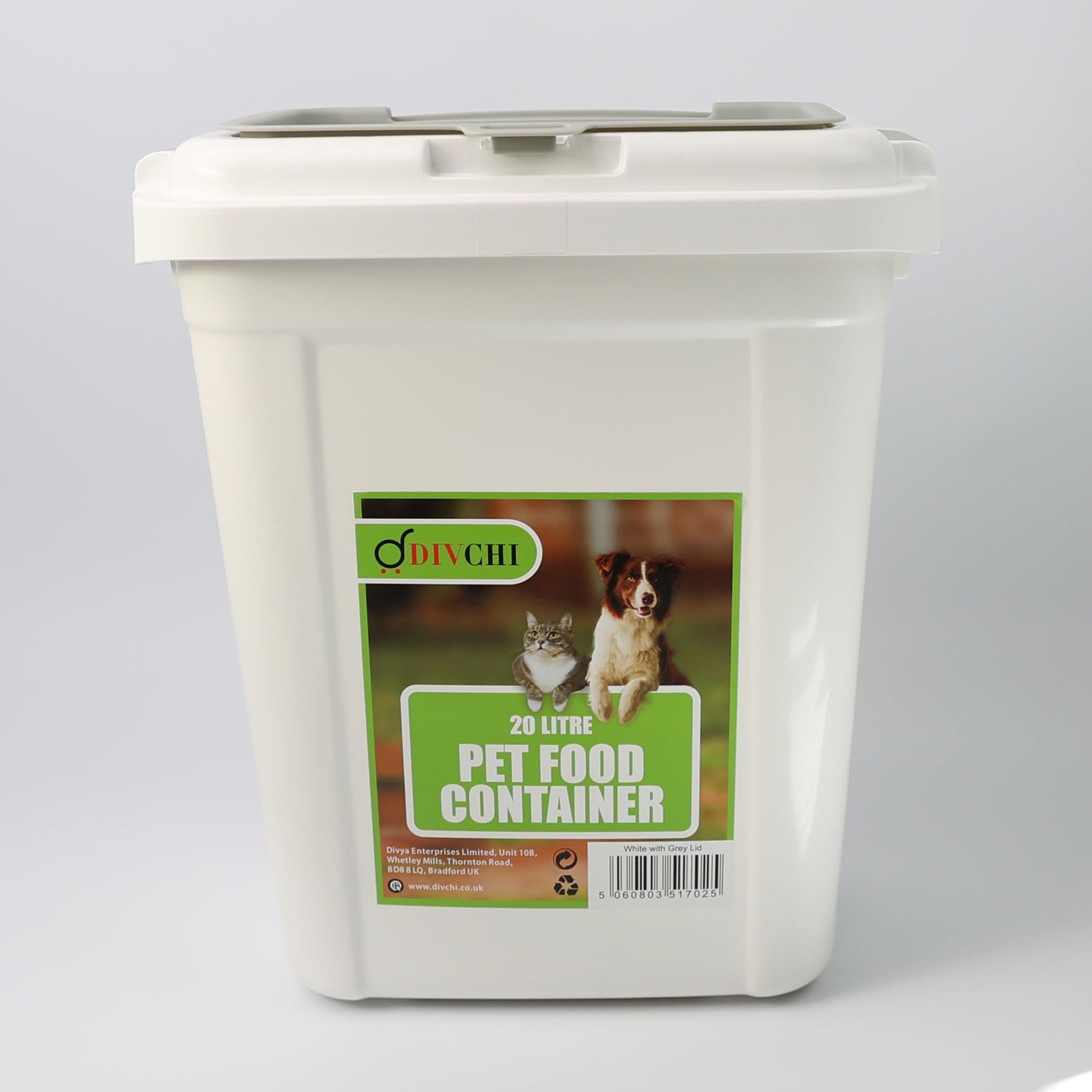 DIVCHI 20L white airtight pet food container with grey lid – perfect for small pet households and dry food storage.