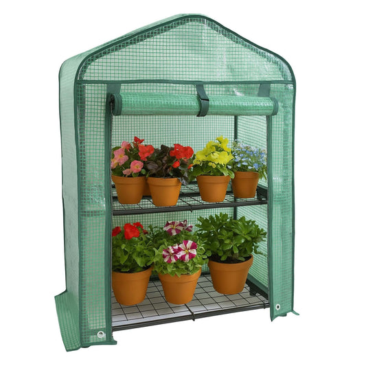 Portable greenhouse with potted plants on a white background