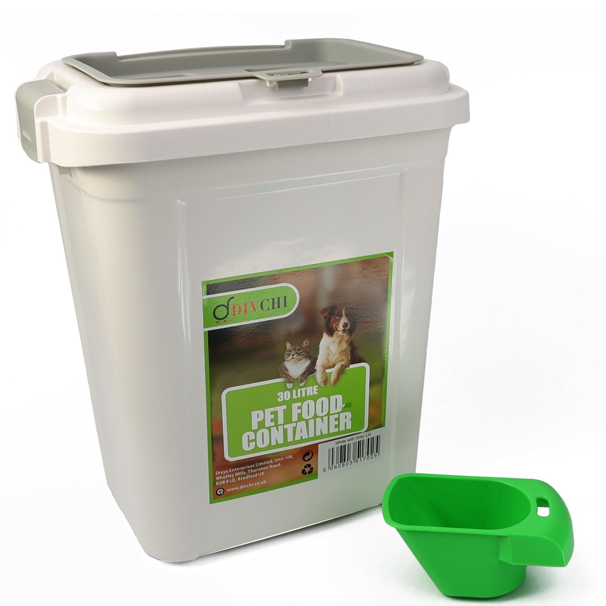 DIVCHI 30L white pet food storage container with grey lid and green scoop – ideal for storing dry food for dogs, cats, or birds.