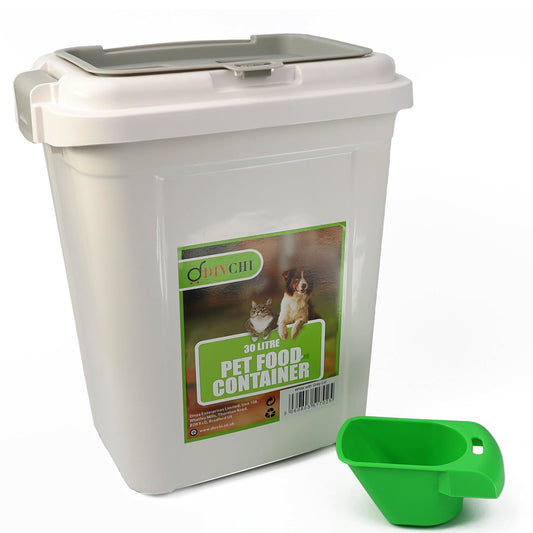 DIVCHI 30L white pet food storage container with grey lid and green scoop – ideal for storing dry food for dogs, cats, or birds.