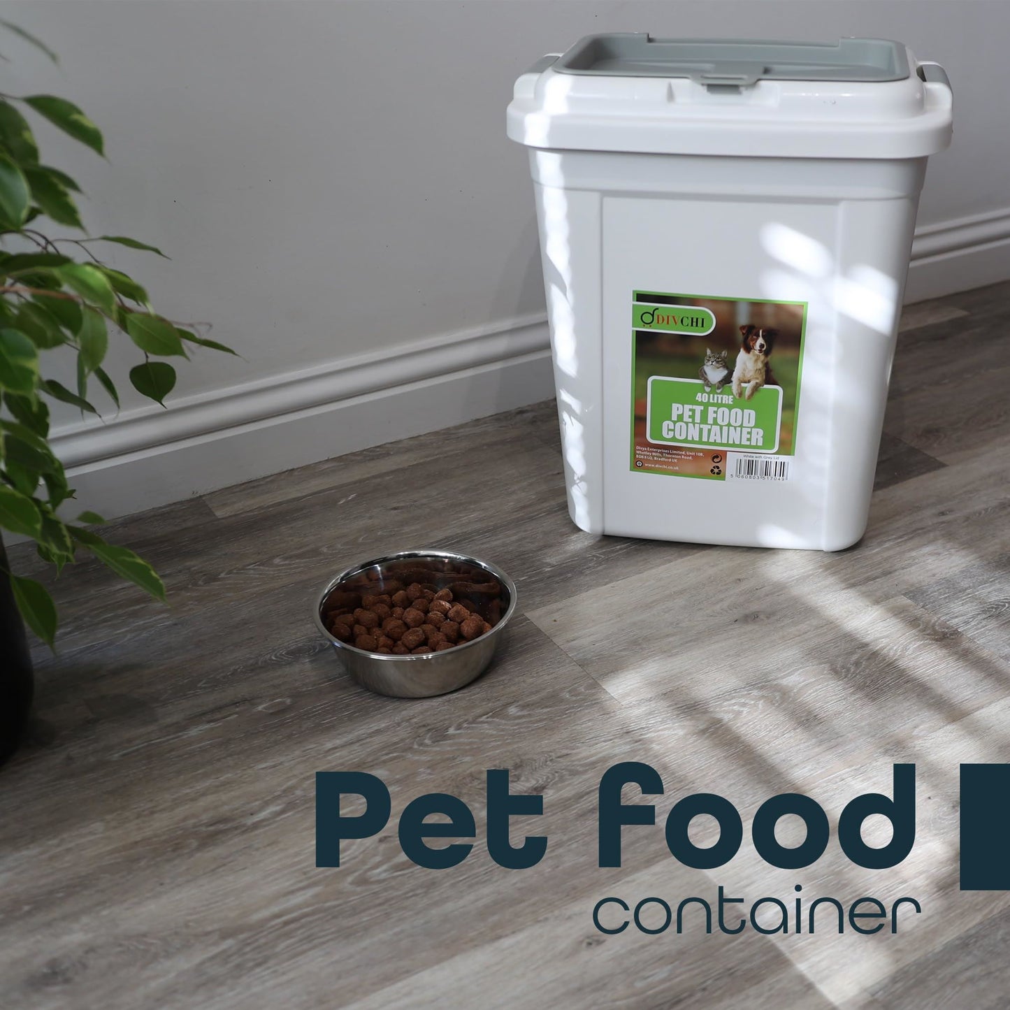 DIVCHI 40L white pet food container placed on a wooden kitchen floor beside a bowl of kibble – clean and tidy food storage.