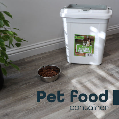 DIVCHI 40L white pet food container placed on a wooden kitchen floor beside a bowl of kibble – clean and tidy food storage.