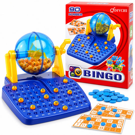 DIVCHI 90-ball bingo game set with box, blue spinning bingo cage, numbered ball tray, bingo lotto cards and blue marker chips