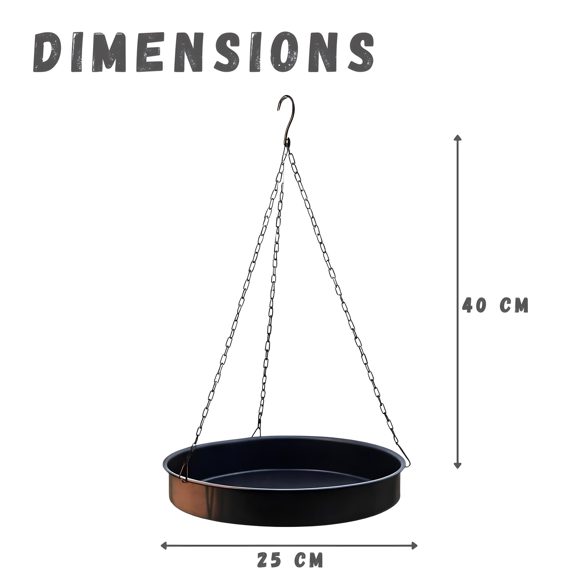 Black hanging planter with dimensions indicated on a white background