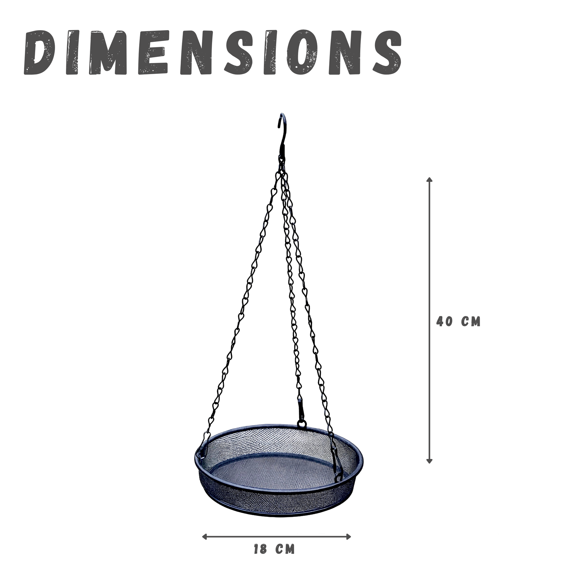 Hanging plant pot with dimensions labeled on a white background