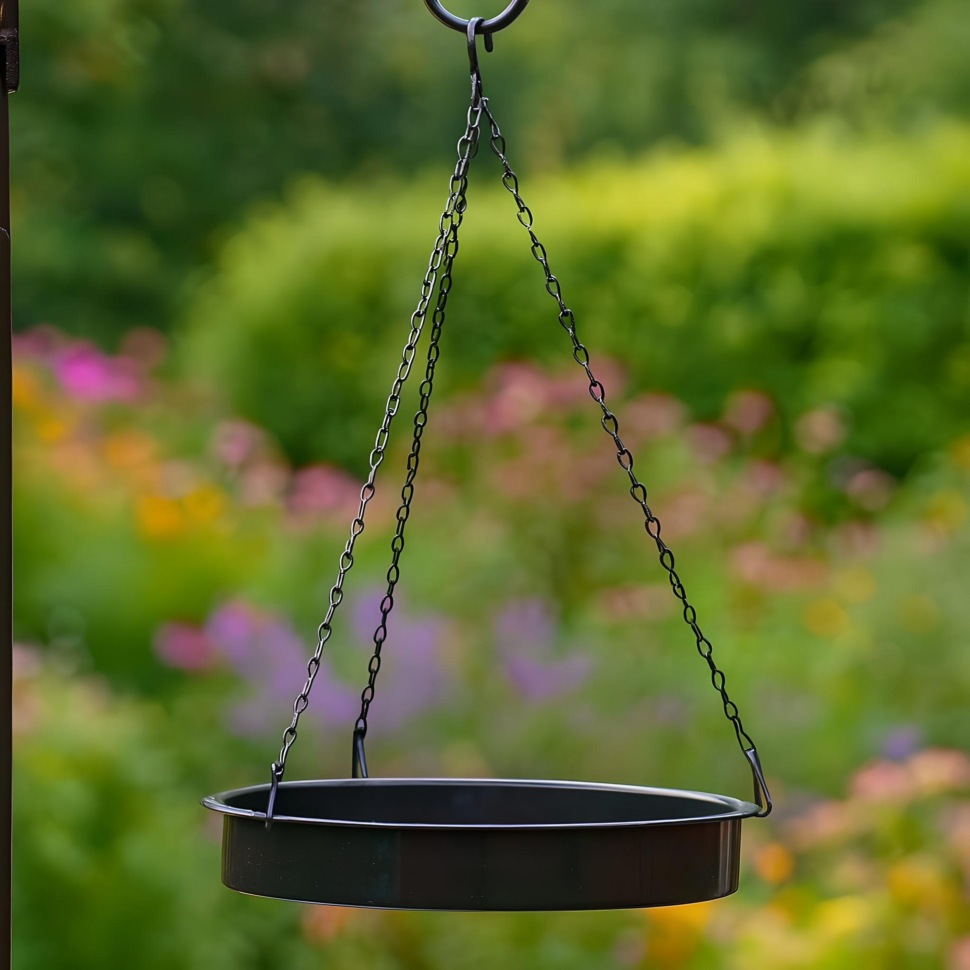 Black hanging bird feeder with a blurred garden background