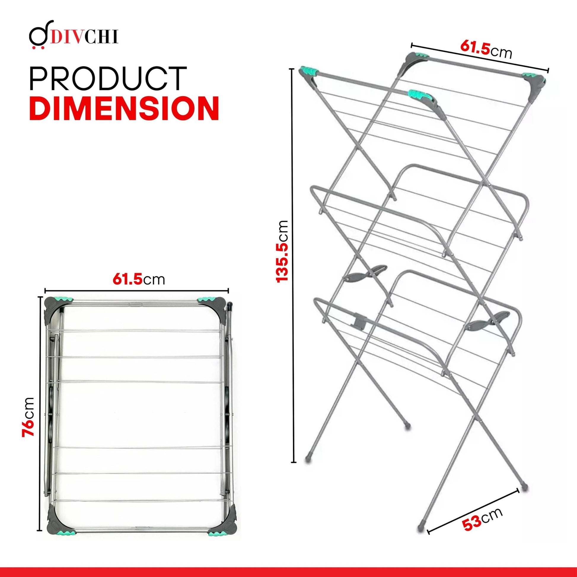 Product dimensions of DIVCHI foldable clothes drying rack with width, depth, and height measurements.