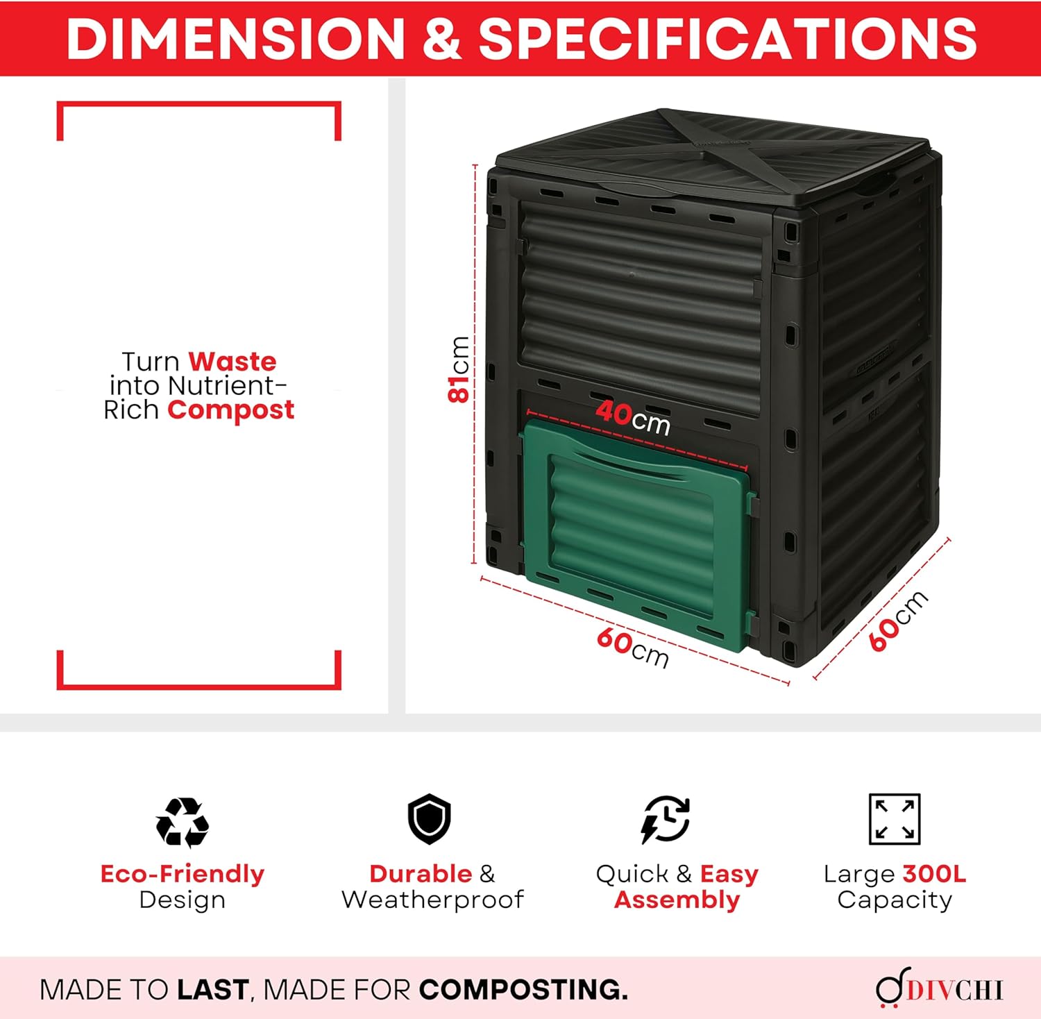 Black and green compost bin with dimensions and features on a white background