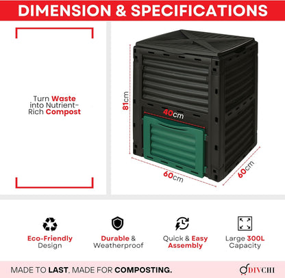 Black and green compost bin with dimensions and features on a white background