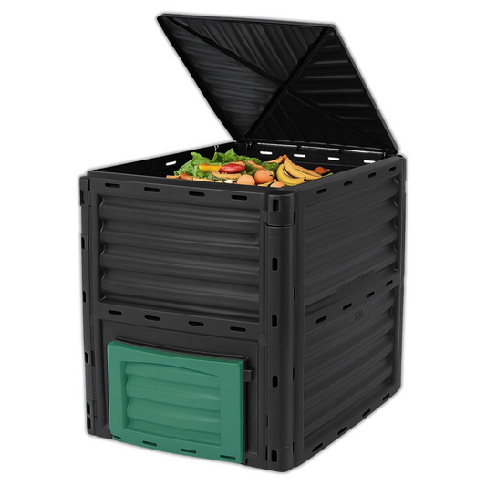 Black compost bin with food waste inside on a white background