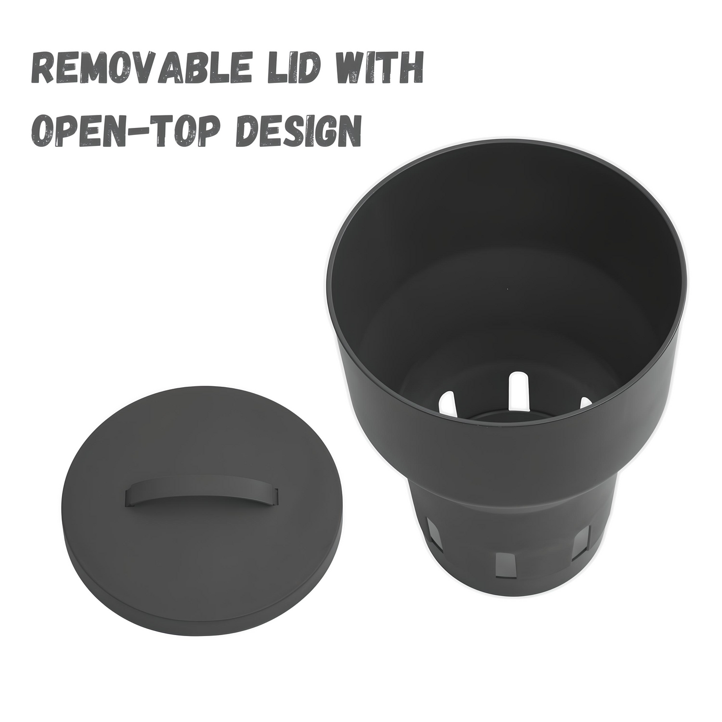 Black cup with removable lid on a white background