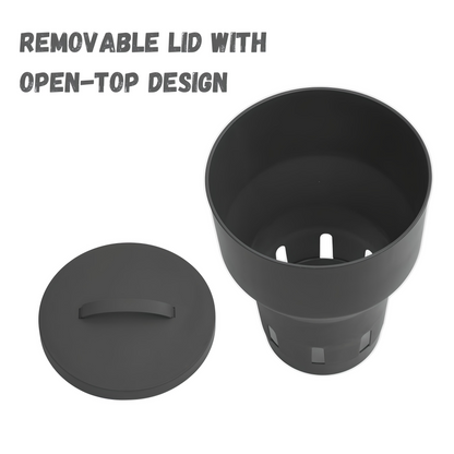 Black cup with removable lid on a white background