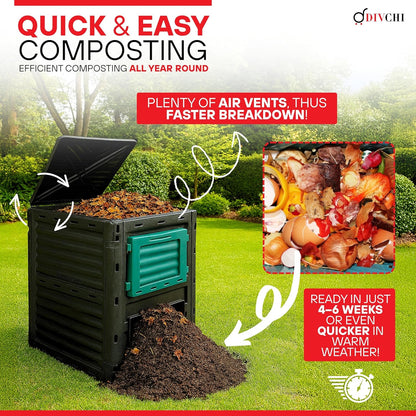 Composting bin with air vents and compost material, set against a garden background.