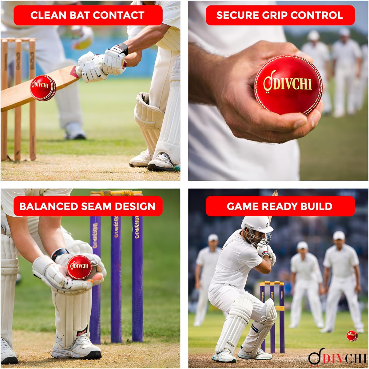 DIVCHI cricket ball features: clean bat contact, secure grip, balanced seam