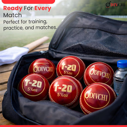 DIVCHI leather cricket balls in a kit bag ready for training and matches