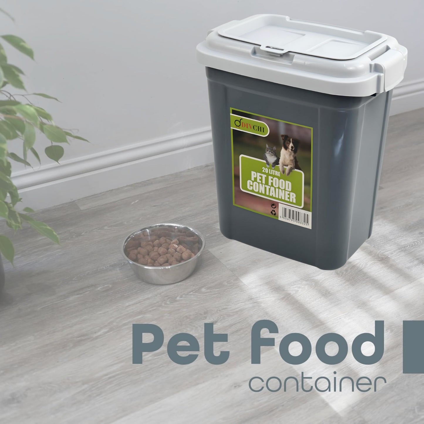 DIVCHI 20L grey pet food bin placed on floor beside dog food bowl