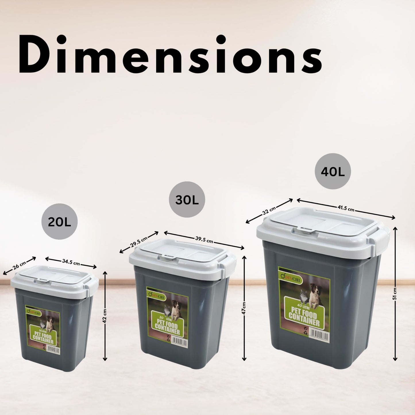 Dimensions of DIVCHI pet food containers in 20L, 30L, and 40L
