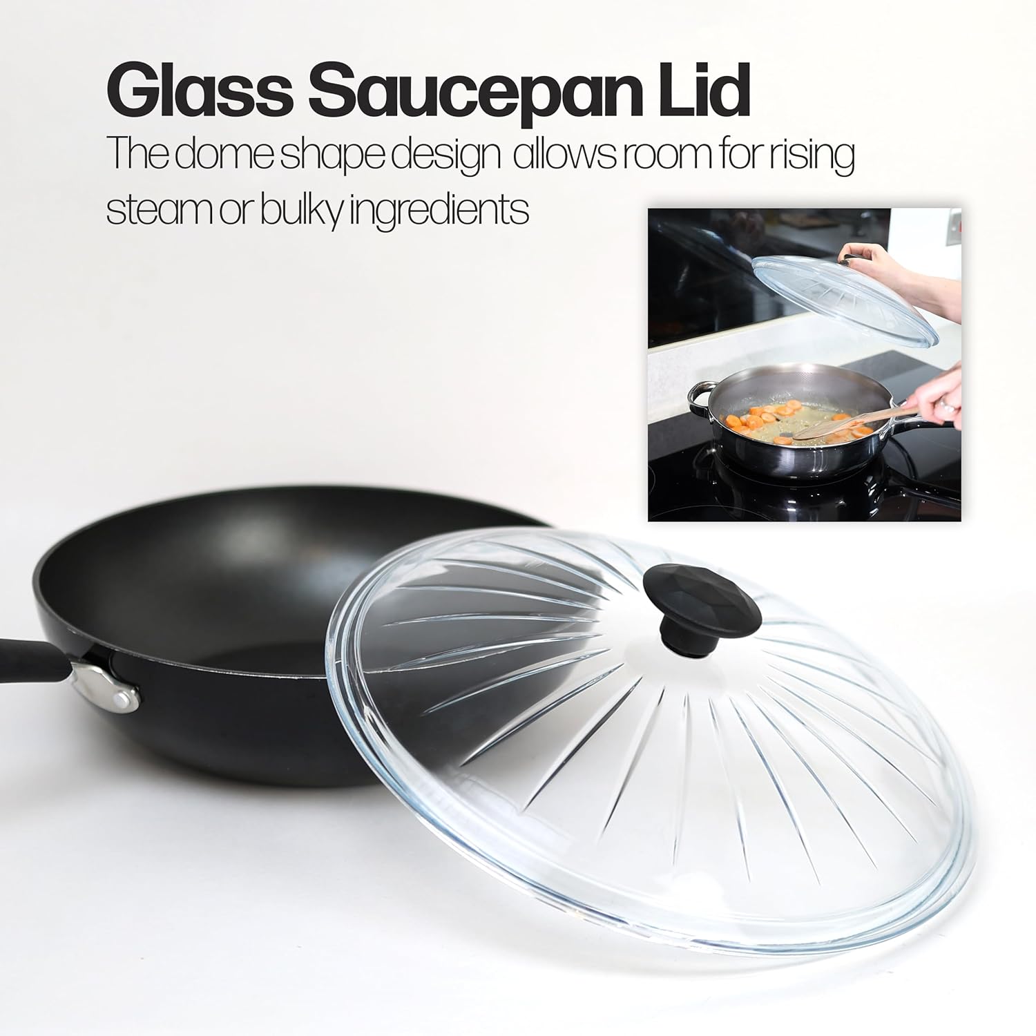 Dome-shaped glass lid resting on a nonstick frying pan