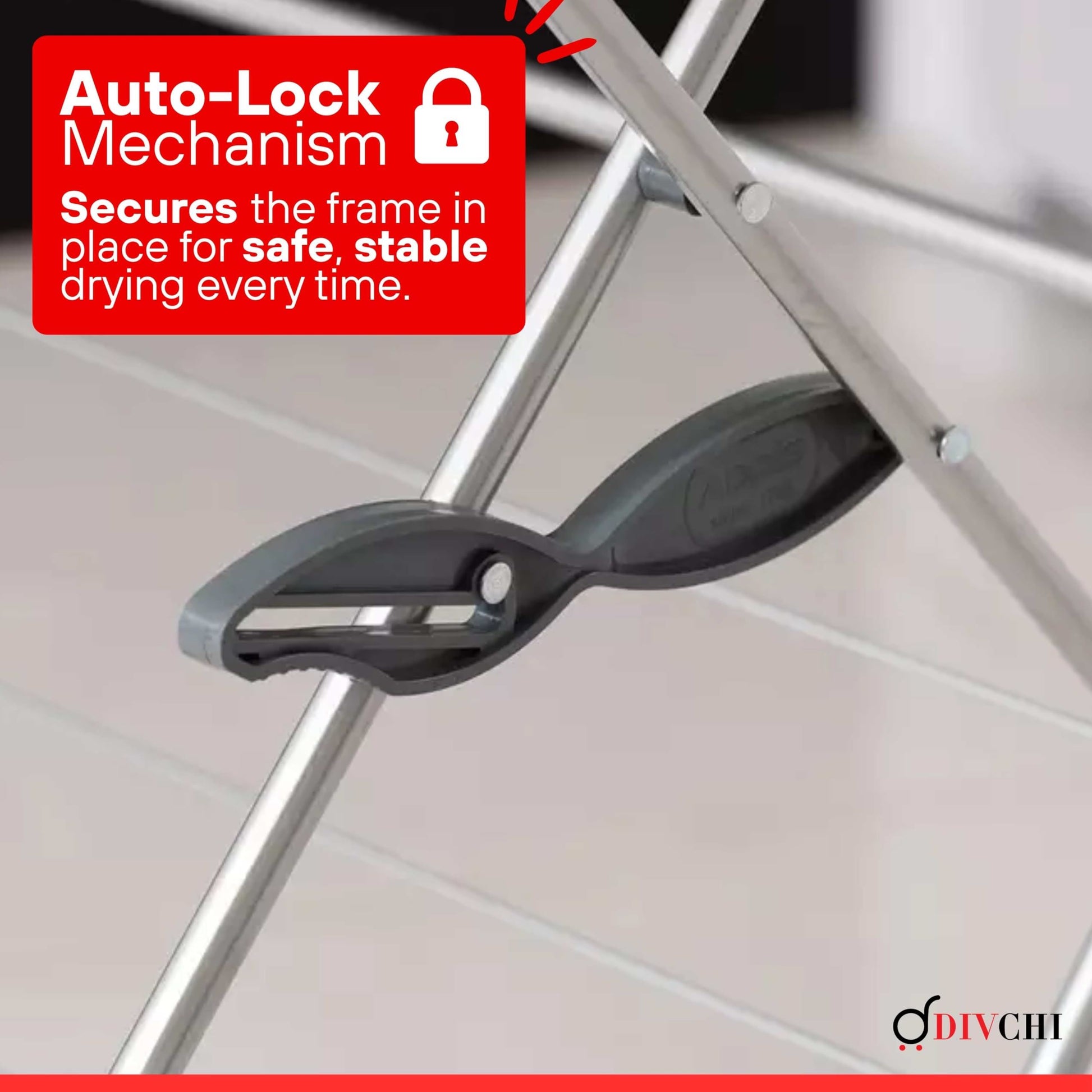 DIVCHI accordion clothes drying rack auto-lock mechanism for safe and stable drying.
