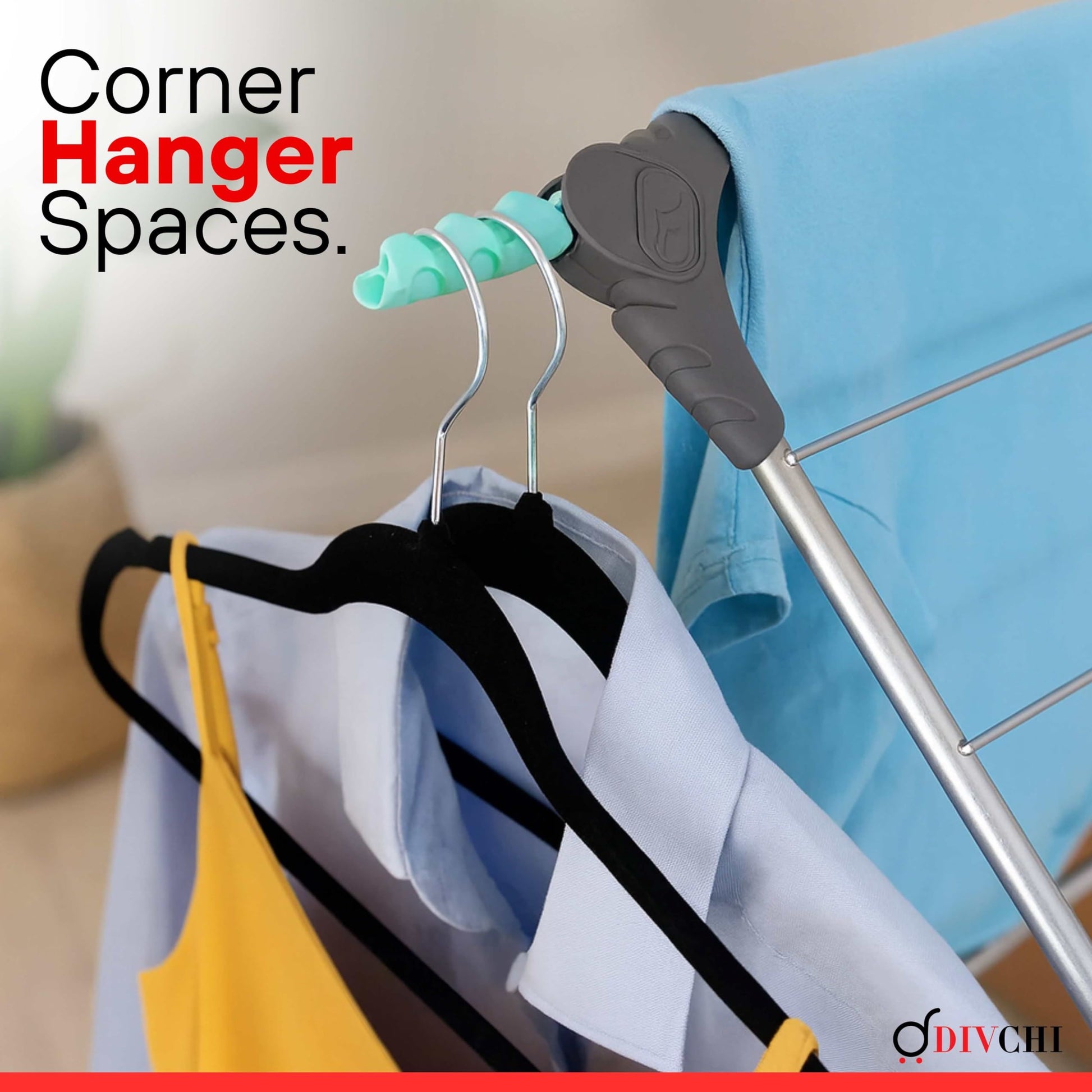 Corner hanger hooks on DIVCHI drying rack holding clothes hangers for shirts and dresses.