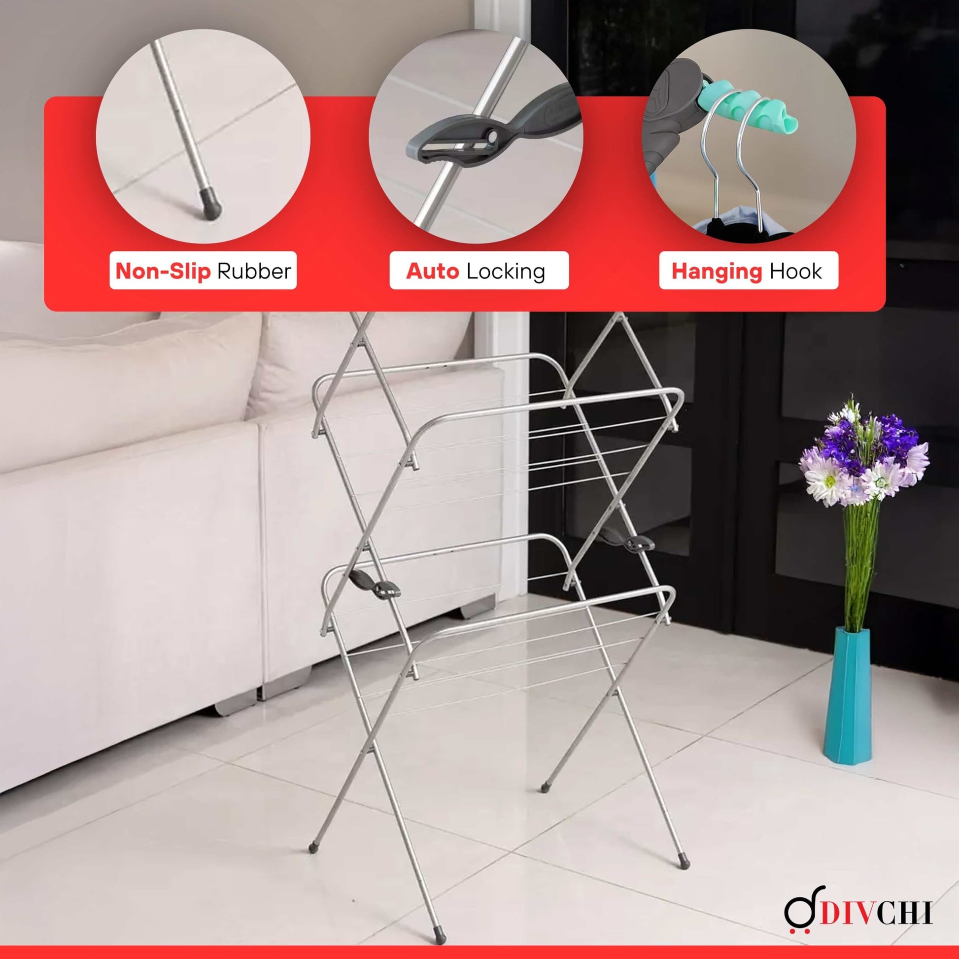 DIVCHI drying rack close-up showing non-slip rubber feet, auto locking system, and hanger hook.