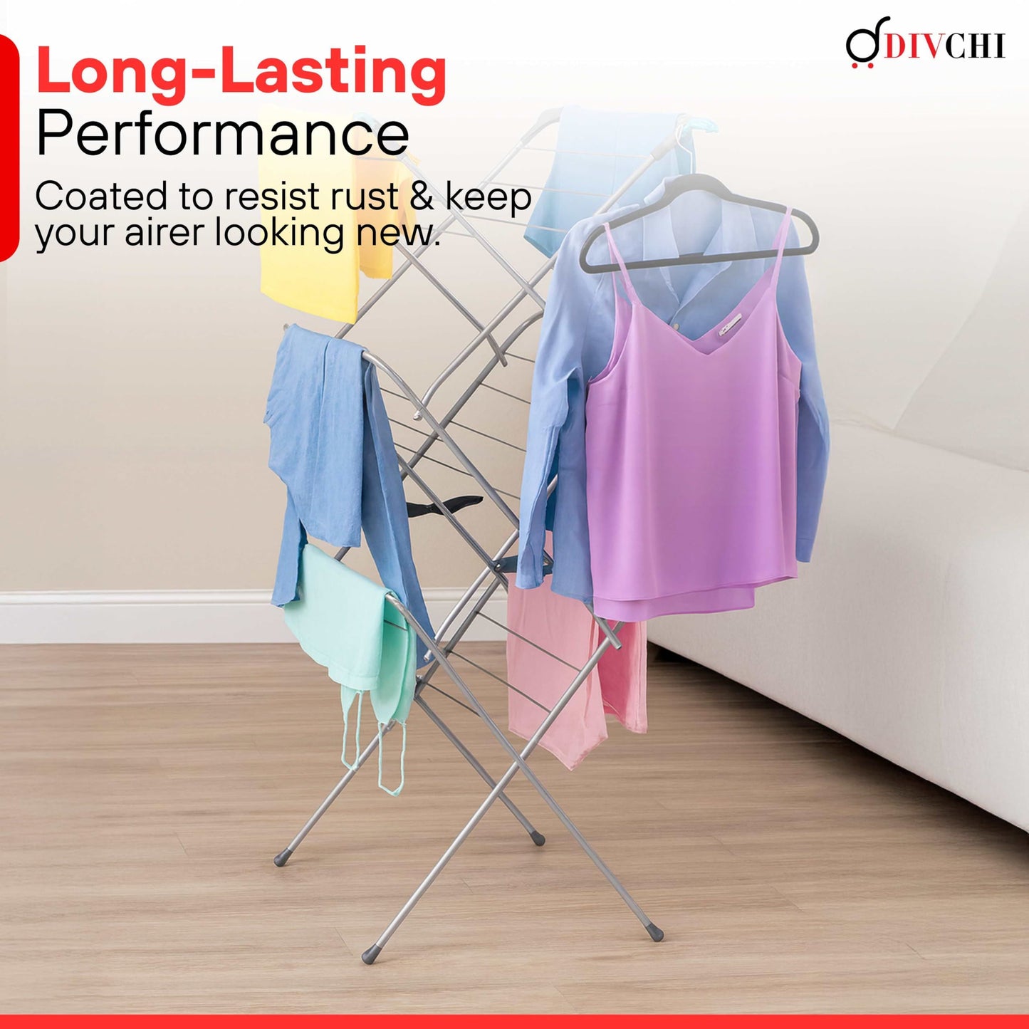 DIVCHI clothes drying rack with rust-resistant coated metal for long-lasting performance.