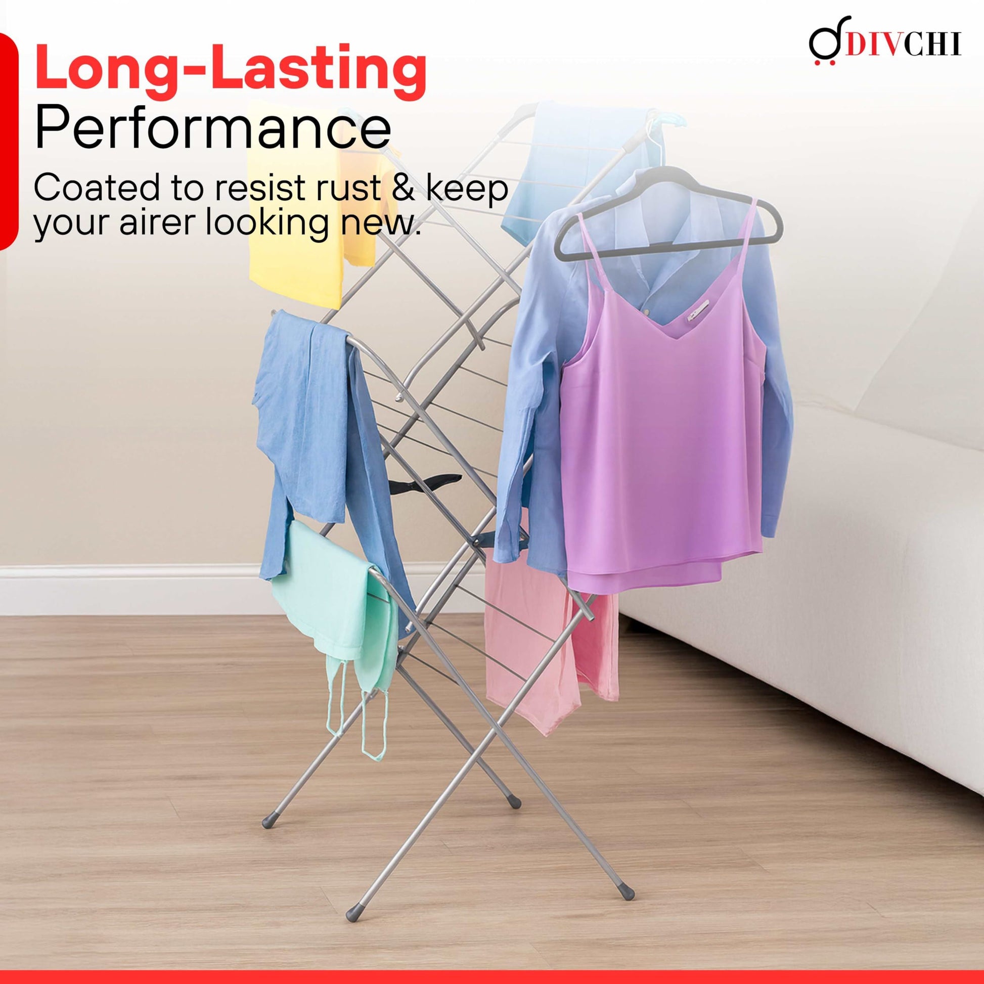 DIVCHI clothes drying rack with rust-resistant coated metal for long-lasting performance.