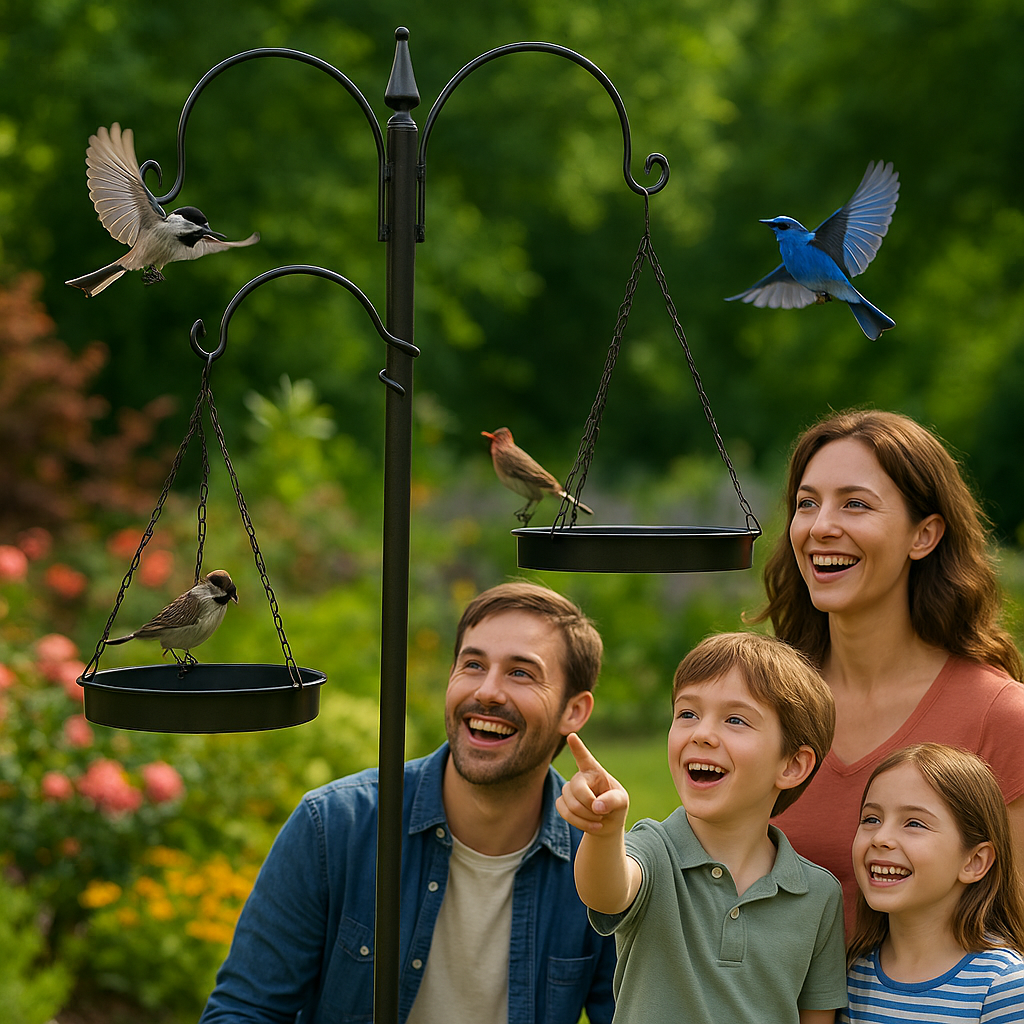 Family of four enjoying time together with a bird feeder in a garden setting.