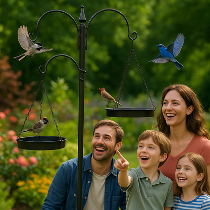 Family of four enjoying time together with a bird feeder in a garden setting.
