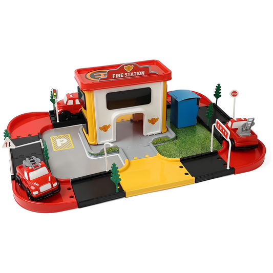DIVCHI fire station playset with 3 fire vehicles, roads, parking and signs