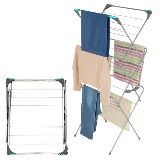 DIVCHI Accordion Clothes Drying Rack fully open with clothes hanging for air drying
