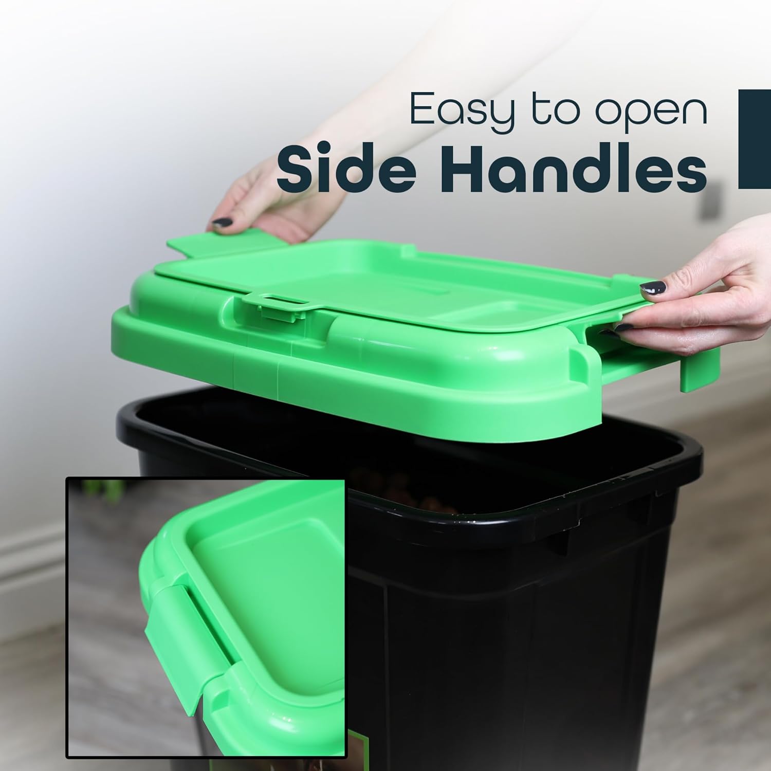 Easy open side-handles on green lid of DIVCHI pet food container