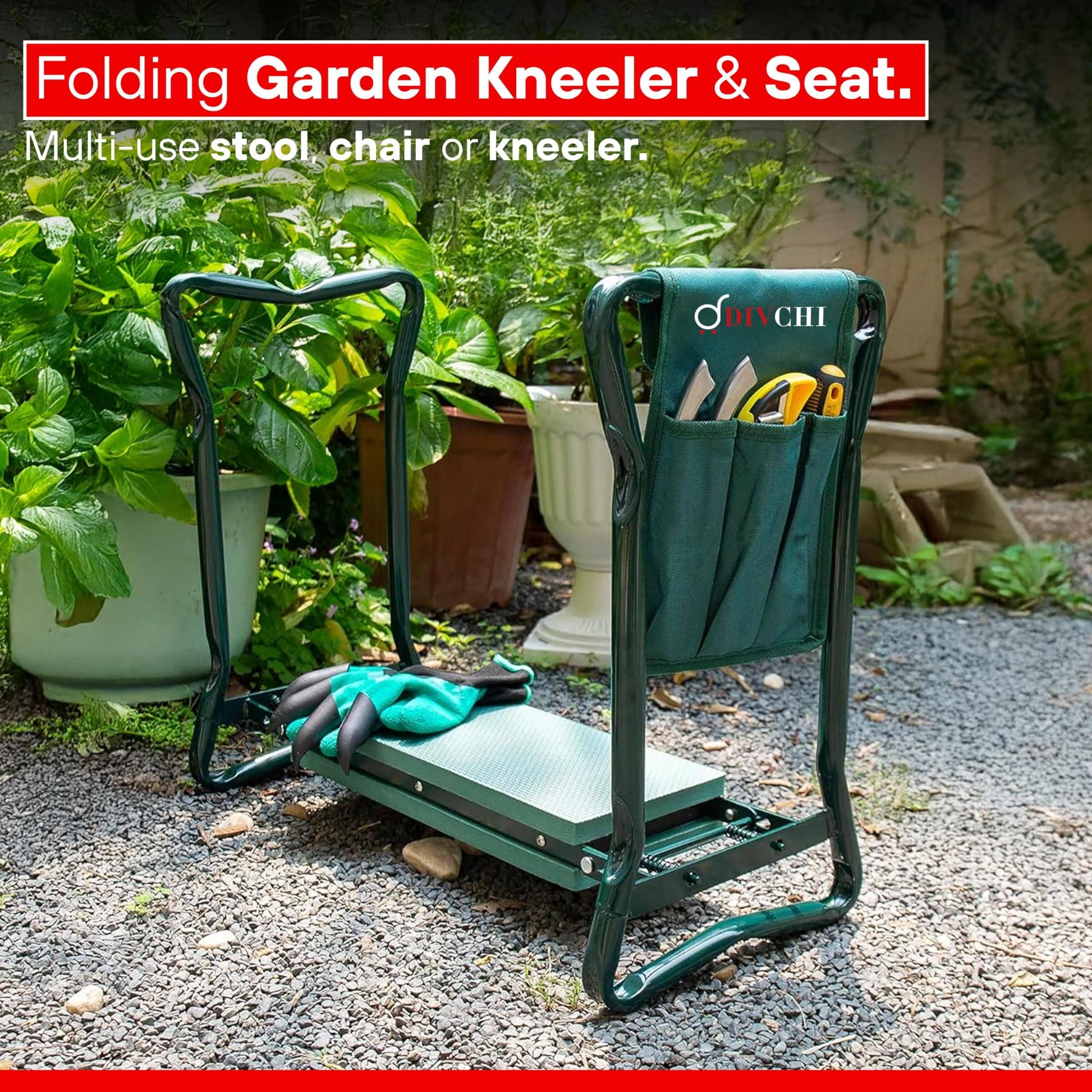 DIVCHI Garden Kneeler Bench with Tool Pouch in Outdoor Garden Setting