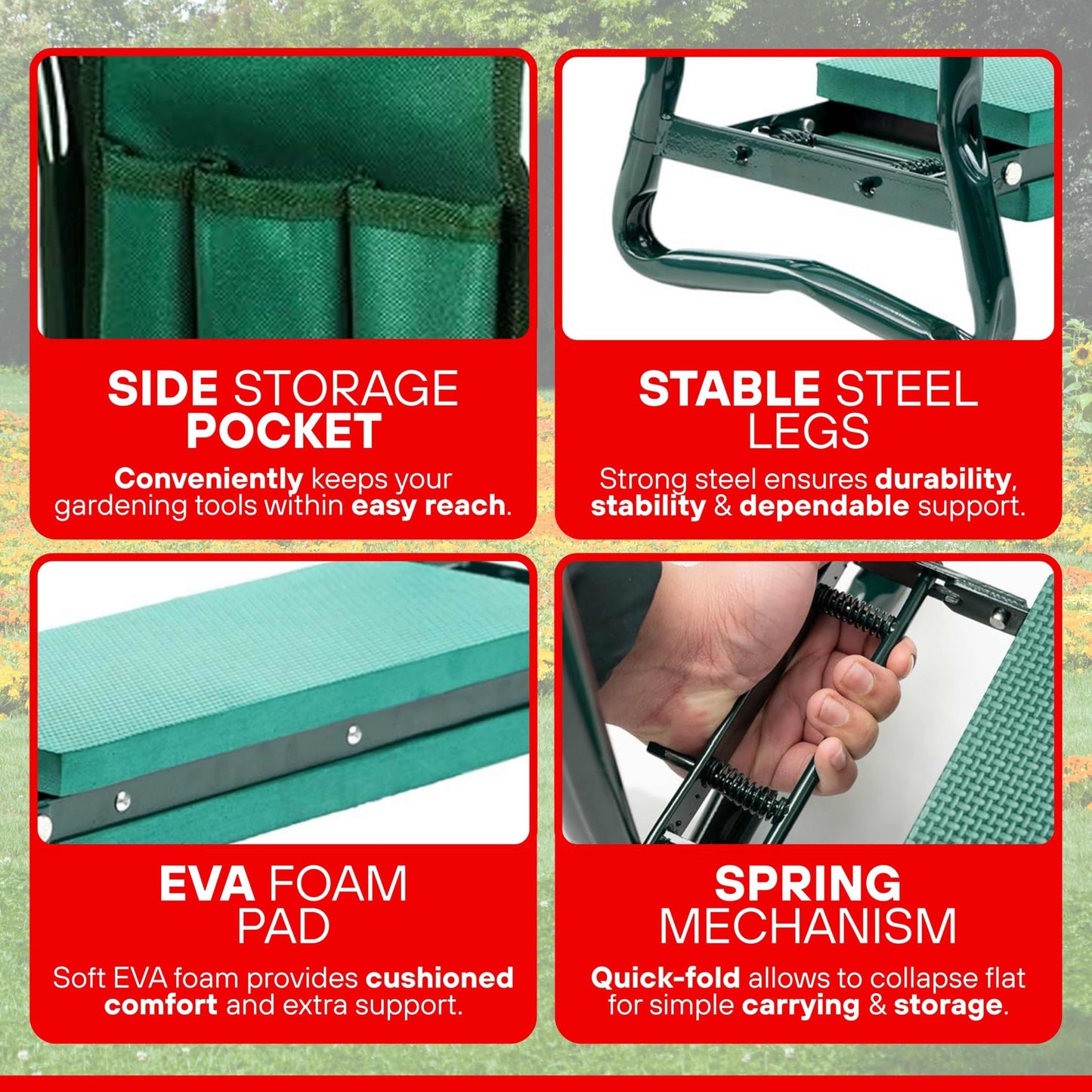 Features of DIVCHI Garden Kneeler Seat – EVA Foam Pad, Steel Legs, Side Pocket