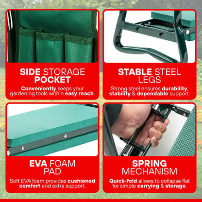 Features of DIVCHI Garden Kneeler Seat – EVA Foam Pad, Steel Legs, Side Pocket