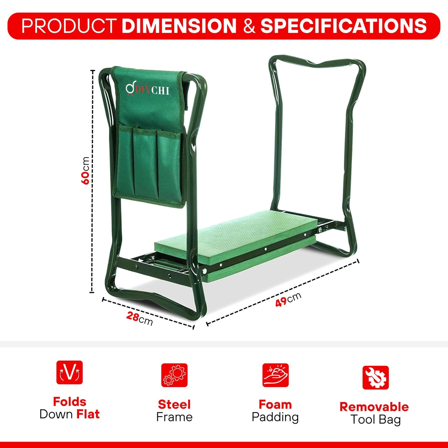 Dimensions of DIVCHI Garden Kneeler Seat – Foldable Bench with Foam Pad and Tool Bag