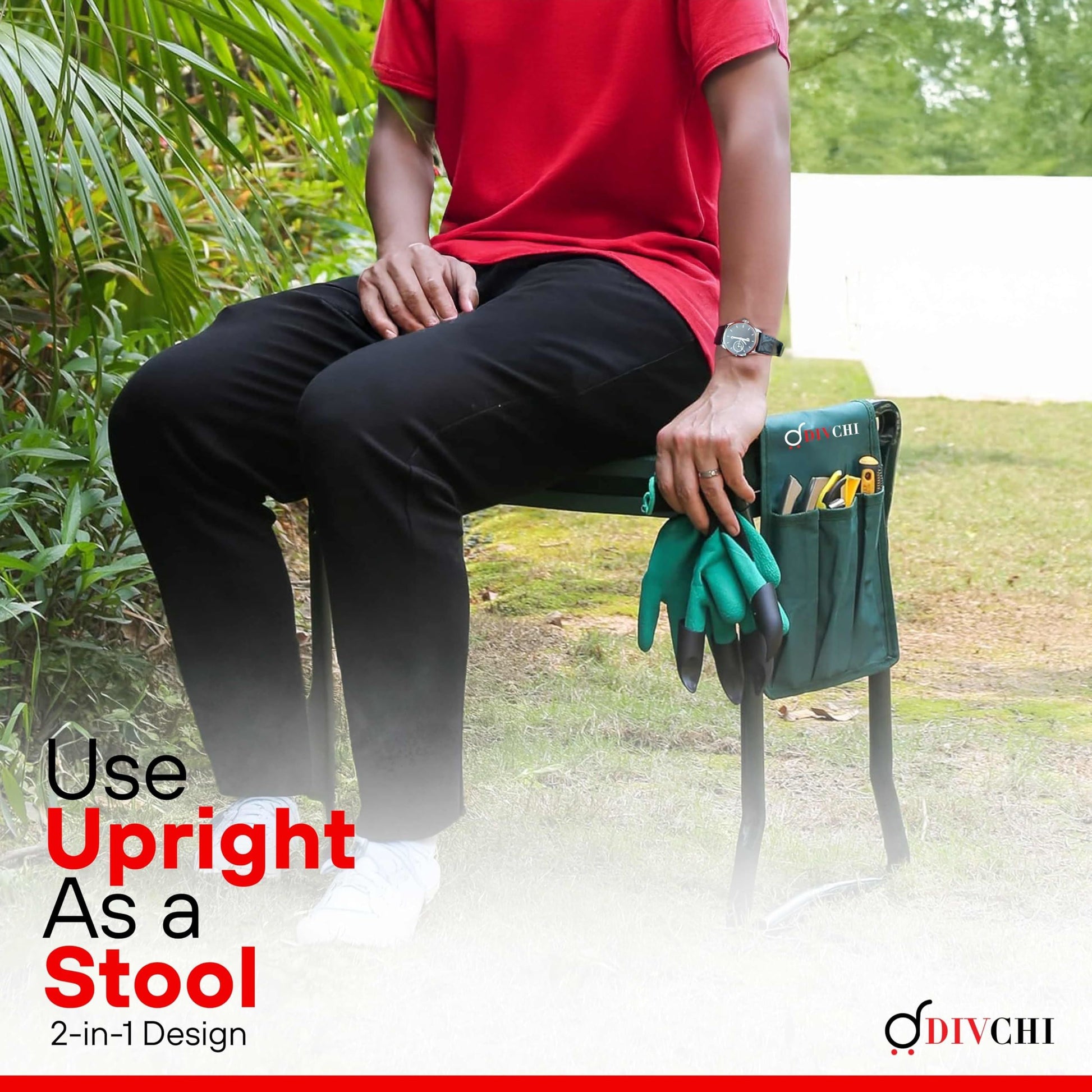 DIVCHI Garden Kneeler Seat Upright Stool Mode with Tool Pouch