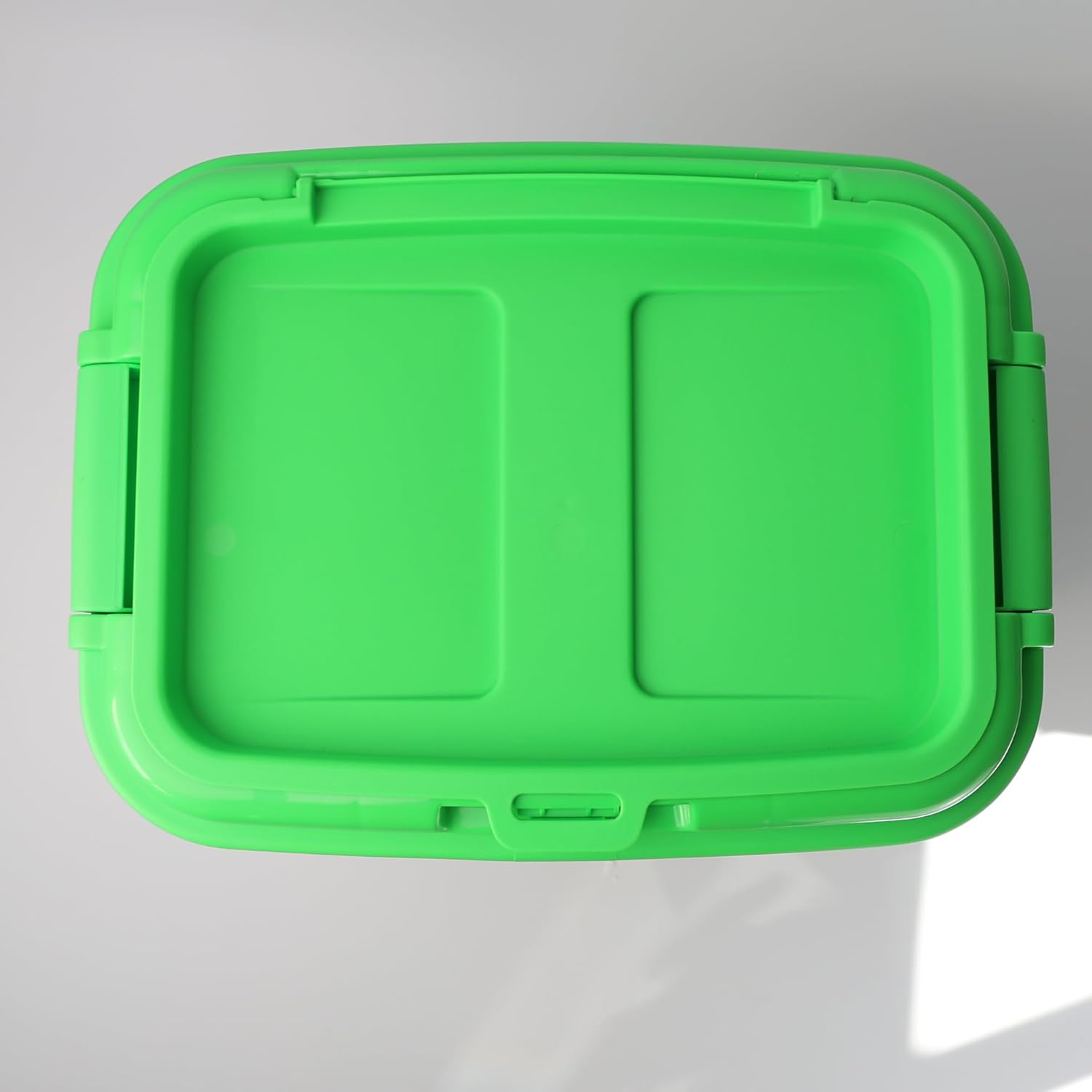 Top view of the bright green lid of the pet food container