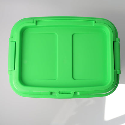 Top view of the bright green lid of the pet food container